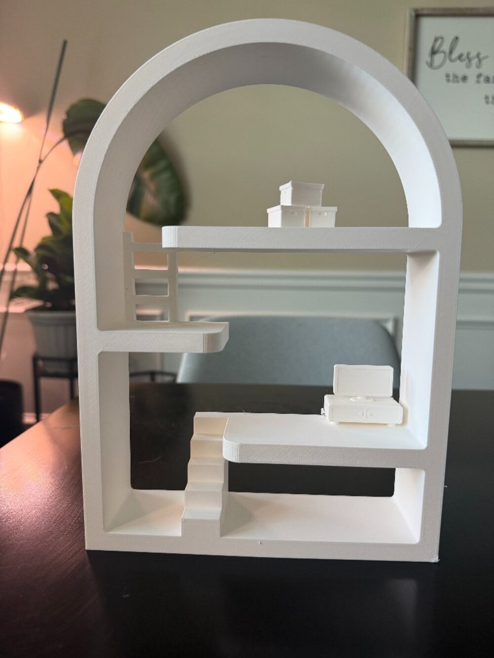 White Smiski/Lego Figurine House with TV and Boxes, 10 inches